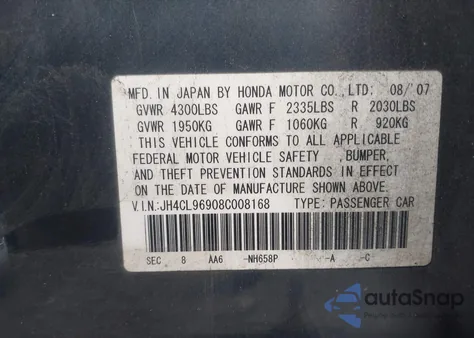2008 Acura Tsx из США, поврежденный, VIN JH4CL96908C008168